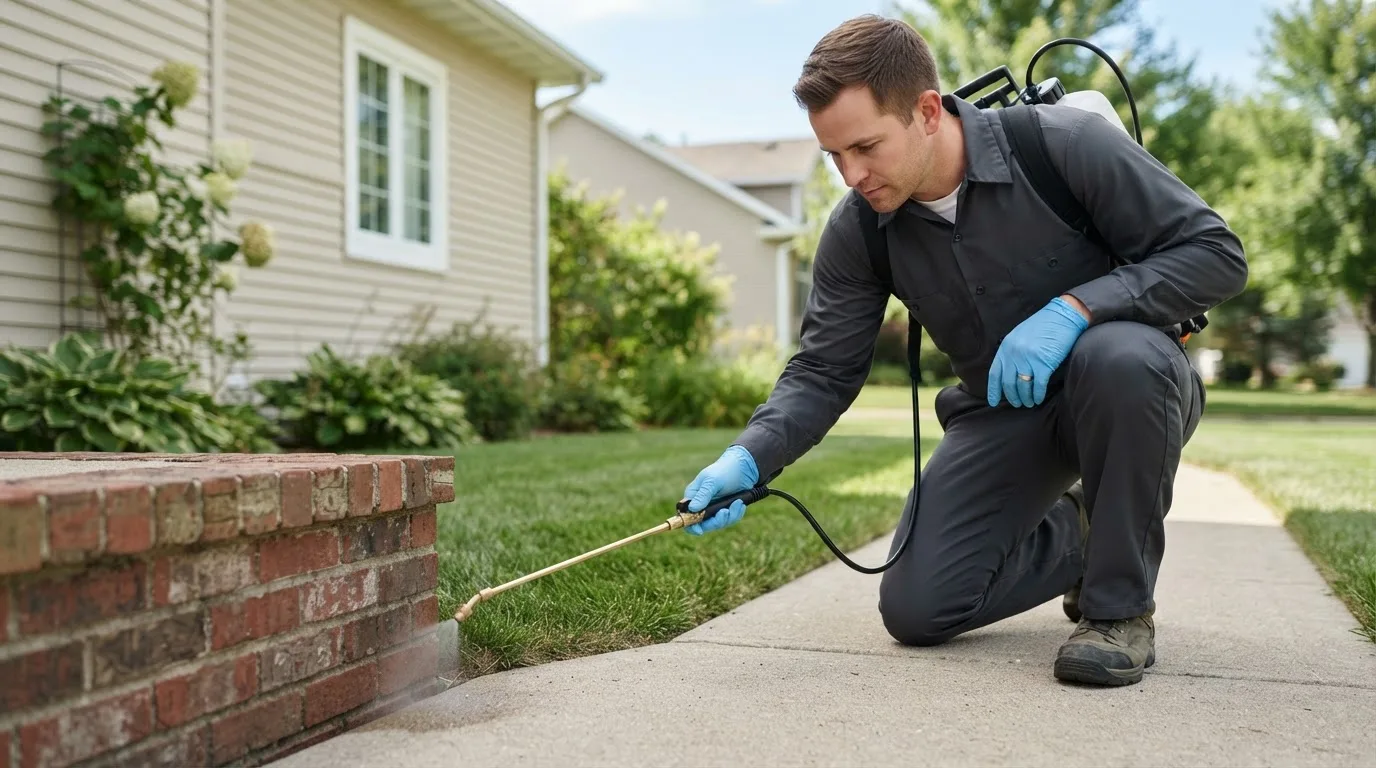 Pest control technician treating a home near Grandville, MI