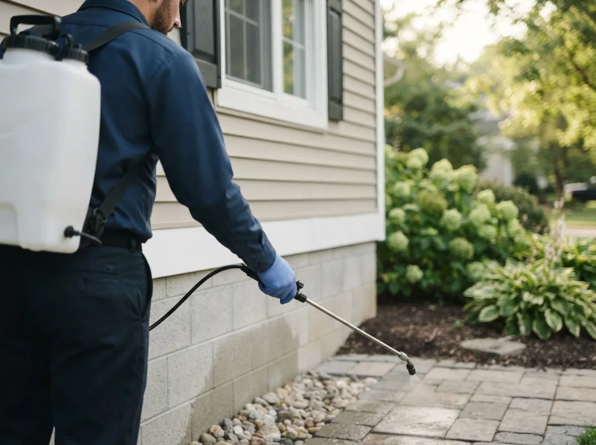 Pest control technician inspecting a home in Grandville, MI